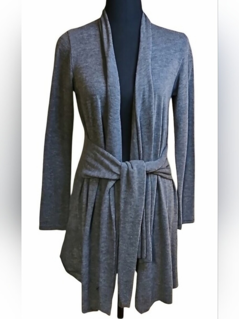 Sushiflower Gray Open Front Wrap Cardigan Sweater Tie Belt S Vintage Y2K